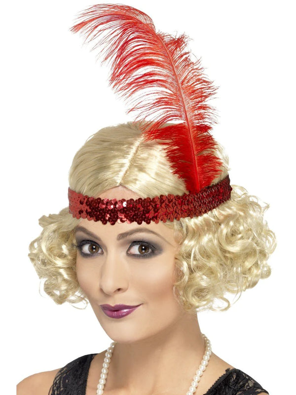 Ladies Blonde Flapper Wig With Red Headband